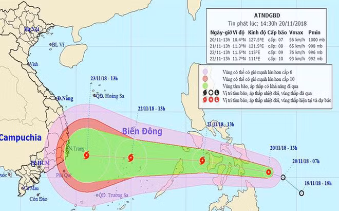Dự báo đường đi ATNĐ có khả năng mạnh lên thành bão và là cơn bão số 9 trên Biển Đông. Ảnh: NCHMF