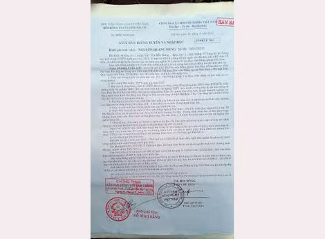 Giấy báo trúng tuyển vào khoa Thú Y do Học viện Nông nghiệp Việt Nam cấp cho thí sinh Nguyễn Quang Hùng.