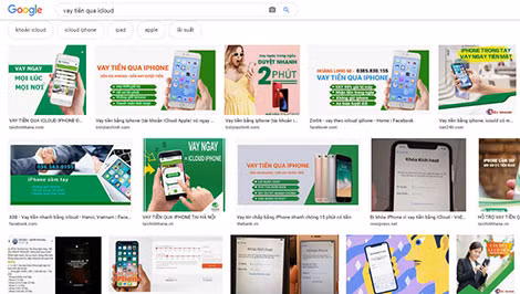 Nhan nhản các quảng cáo vay tiền qua iCloud trên Internet.