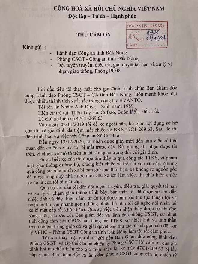 Lá thư cảm ơn của anh Nhâm Anh Duy.