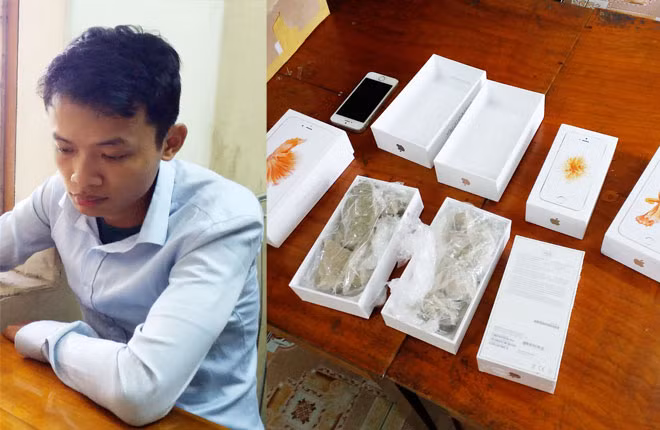 Nguyễn Văn Ngọc và tang vật tại cơ quan Công an.