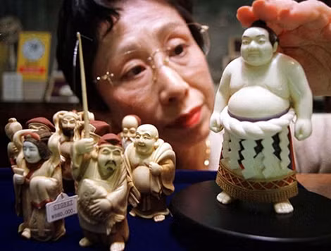 Tượng võ sĩ Sumo, cùng với các tượng khác, bằng ngà voi bày trong một cửa hàng ở Nhật Bản.