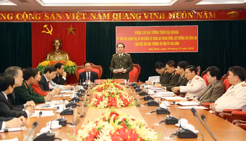 Đại tướng Trần Đại Quang, Ủy viên Bộ Chính trị, Bí thư Đảng ủy Công an Trung ương, Bộ trưởng Bộ Công an phát biểu tại buổi làm việc