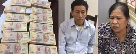 Nguyễn Thị Xinh và Trần Văn Bình cùng gần 500 triệu đồng tiền giả.