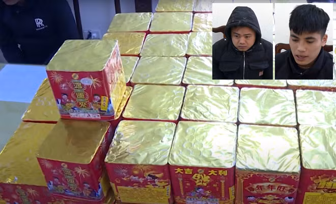 Hai đối tượng Dũng và Huy cùng tang vật là 200kg pháo.