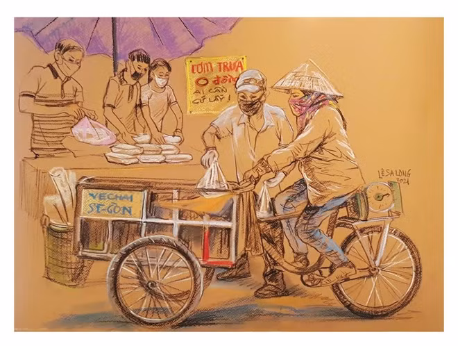"Quán cơm trưa không đồng cho người nghèo vượt qua COVID -19" - ký họa của Lê Sa Long.