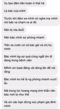 Chia sẻ của cháu tài xế taxi gây tai nạn trên trang mạng xã hội FB.