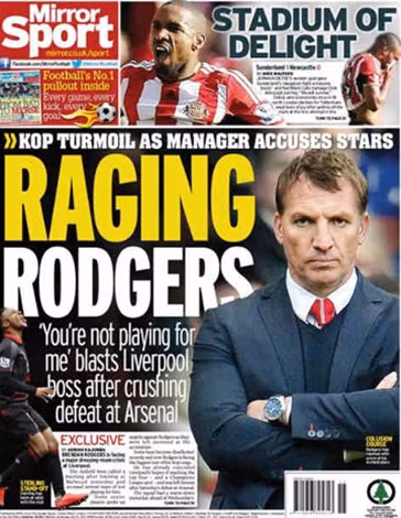 Thông tin HLV Rodgers bị cầu thủ Liverpool tạo phản được đăng tải trên báo chí Anh.