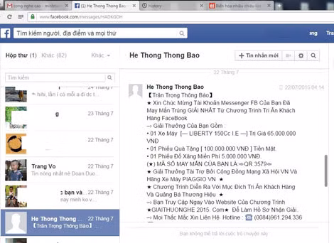Một tin nhắn lừa đảo trúng thưởng qua Facebook.