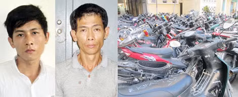 Ngô Thanh Tuấn, Võ Quốc Kha cùng tang vật xe máy và linh kiện phụ tùng bị thu giữ.