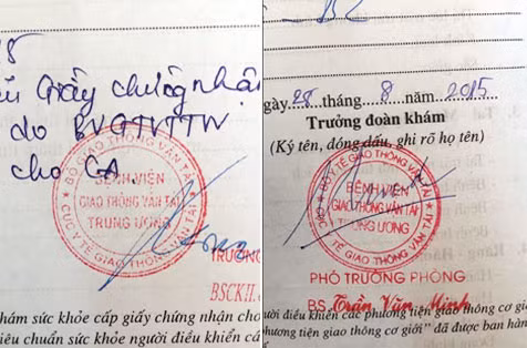 Con dấu của Bệnh viện GTVT TW và dấu giả do Thịnh tự làm.