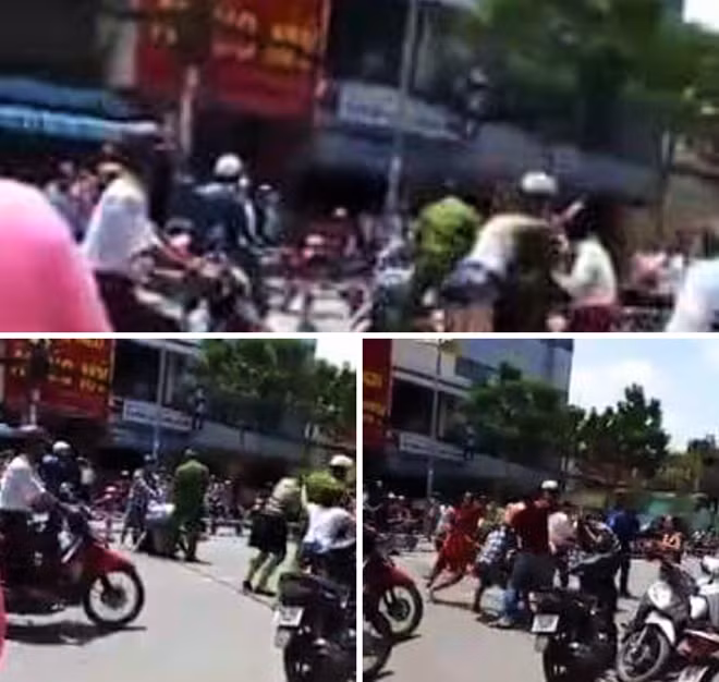 Hình ảnh 2 nữ sinh và người nhà xông vào đánh nhau được cắt từ clip