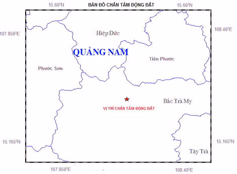 Bản đồ tâm chấn trận động đất 2,9 độ Richter xảy ra tại khu vực thủy điện Sông Tranh 2, huyện Bắc Trà My rạng sáng ngày 12.3 (nguồn Viện Vật lý địa cầu).