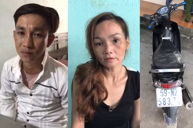 Đối tượng Long và Hiền cùng chiếc xe máy dùng để đi cướp tại Cơ quan Công an