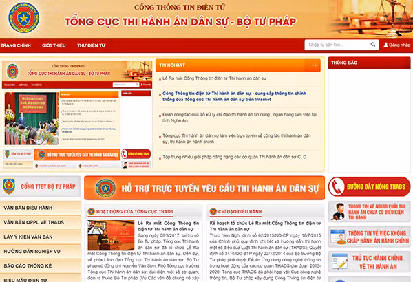 Giao diện Cổng thông tin điện tử Thi hành án dân sự.