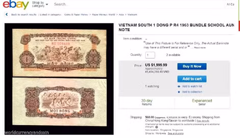 Tờ 1 đồng của Việt Nam có giá gần 2.000 USD trên eBay (ảnh chụp màn hình). Tờ 1 đồng của Việt Nam có giá gần 2.000 USD trên eBay (ảnh chụp màn hình).