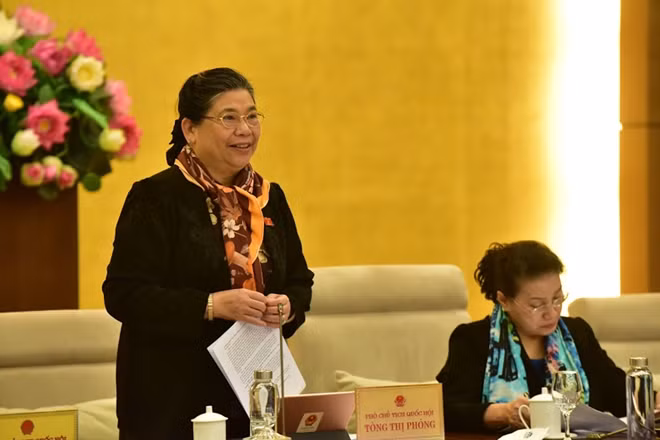 Phó Chủ tịch Thường trực Quốc hội Tòng Thị Phóng thảo luận tại phiên họp.