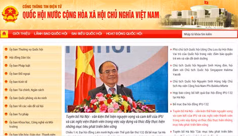 Giao diện trang chủ Cổng thông tin điện tử Quốc hội (www.quochoi.vn).