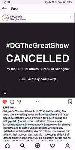 Show D&G tuyên bố hủy bởi sự cố tẩy chay.