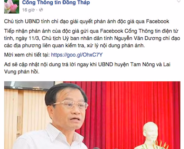 Chủ tịch UBND tỉnh Đồng Tháp Nguyễn Văn Dương chỉ đạo kiểm tra, phản ánh của người dân trên Facebook Cổng thông tin Đồng Tháp.
