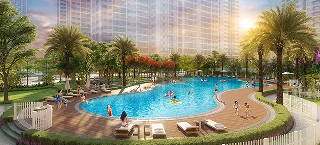 Bể bơi theo phong cách resort trong ốc đảo xanh Imperia Smart City.