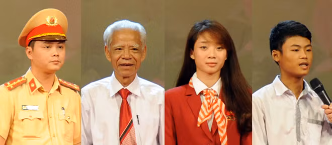Đại úy Nguyễn Tuấn Cường, ông Mai Xuân Chức, vận động viên Dương Thúy Vi và em Hoàng Đức Mạnh giao lưu tại chương trình.