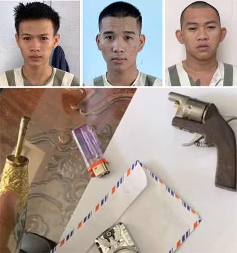 Trần Đình Tín (đầu trọc) cùng 2 đối tượng Phương, Chiến và số ma túy, súng các loại bị thu giữ.