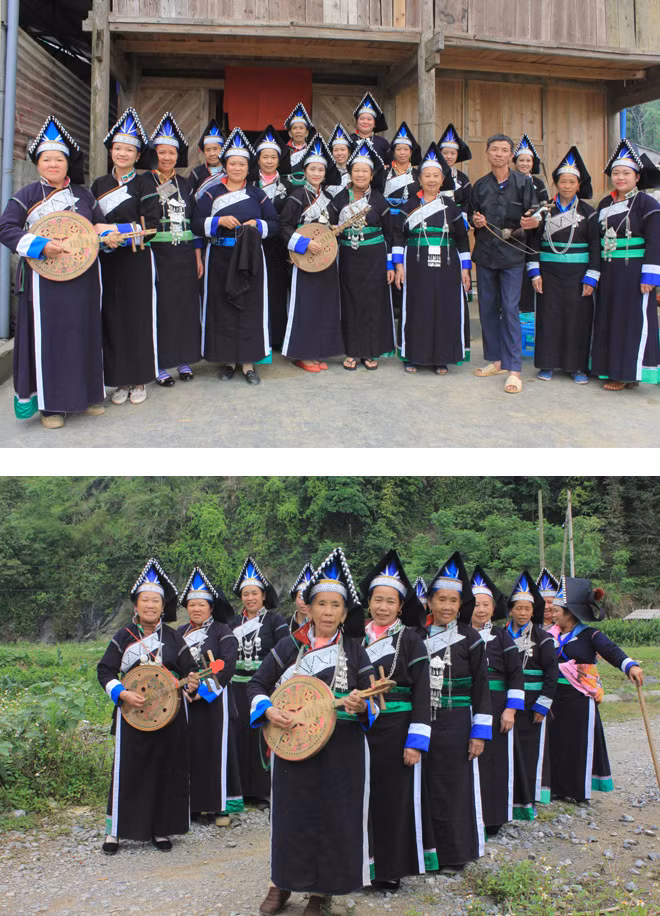 Nghệ nhân Pờ Chin Dín, Thào Phủng Din và các thành viên của câu lạc bộ đàn và hát dân ca Pa Dí.