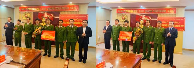Đồng chí Đỗ Minh Tuấn, Phó bí thư Tỉnh ủy và đồng chí Phạm Đặng Quyền, Phó chủ tịch UBND tỉnh trao tiền thưởng cho các đơn vị.