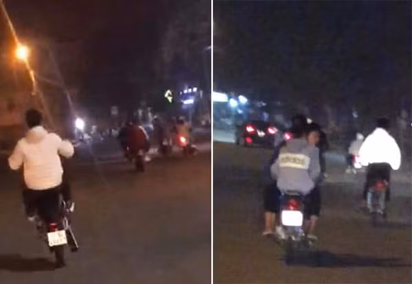 Nhóm thanh niên không đội mũ bảo hiểm, điều khiển xe máy bằng một bánh