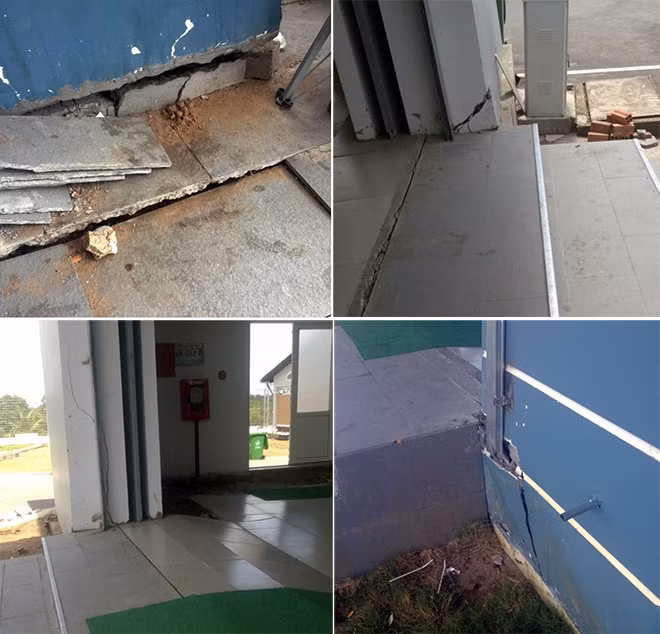Nhiều vị trí tường, nền của nhà chờ bến xe này bị sụt lún, nứt nẻ, bong tróc