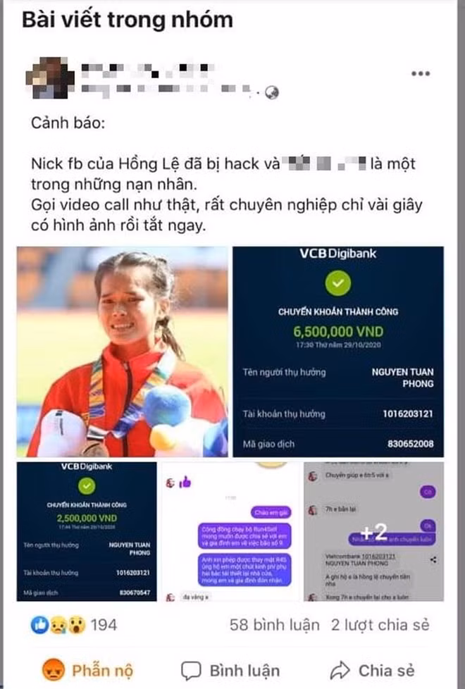 Bài cảnh báo của anh C. về việc bị lừa tiền từ kẻ mạo danh vận động viên điền kinh Phạm Thị Hồng Lệ.