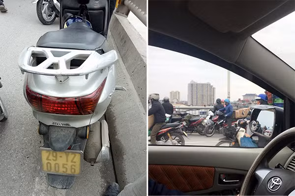 Chiếc xe máy của nạn nhân để lại trên cầu.