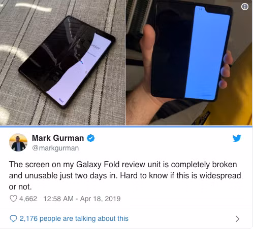 Chiếc Galaxy Fold của Mark Gurman bị loang lổ và hỏng hẳn. Chiếc Galaxy Fold của Mark Gurman bị loang lổ và hỏng hẳn.