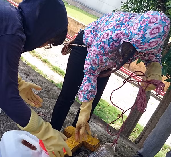 Các cán bộ của Viện Công nghệ sinh học triển khai chế phẩm vi sinh tạo màng sinh học xử lý nước bị nhiễm dầu. Ảnh: TS Lê Thị Nhi Công.