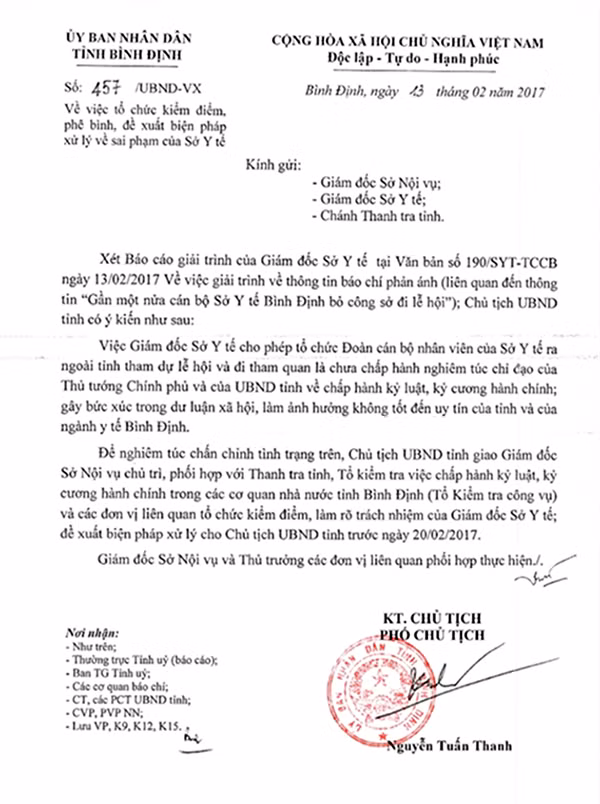 Công văn của UBND tỉnh Bình Định chỉ đạo kiểm điểm Giám đốc Sở y tế.