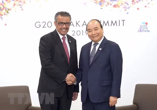 Thủ tướng Nguyễn Xuân Phúc gặp ông Tedros Adhanom, Tổng Giám đốc Tổ chức Y tế Thế giới (WHO). (Ảnh: TTXVN)