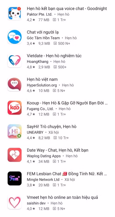 Chỉ cần gõ từ khóa App hẹn hò, lập tức hiện ra hàng trăm ứng dụng khác nhau. Chỉ cần gõ từ khóa App hẹn hò, lập tức hiện ra hàng trăm ứng dụng khác nhau.