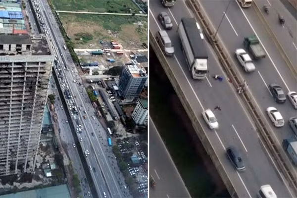 Vụ tai nạn khiến giao thông trên vành đai 3 ùn tắc nghiêm trọng. Ảnh: M.Quyền