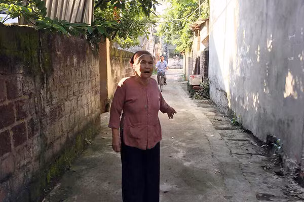 Bà Lê Thị Ngỗng đứng trên diện tích đất trước đây bà đã ở và trồng cây cối.