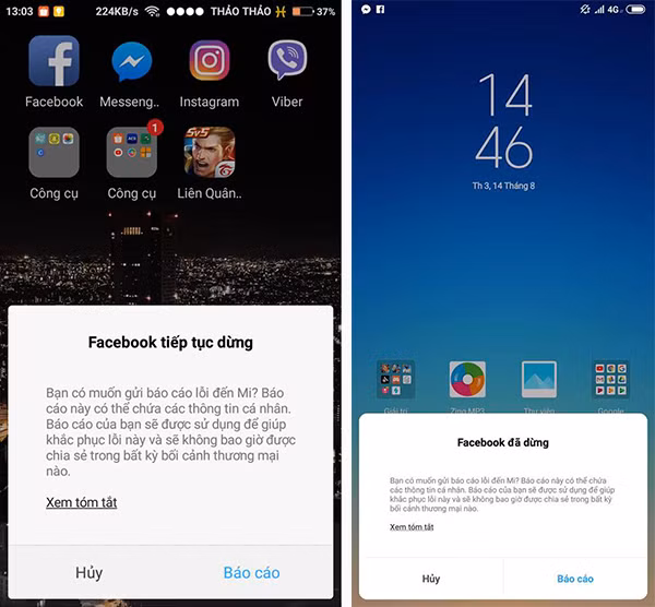 Thông báo Facebook bị lỗi của người dùng Android.