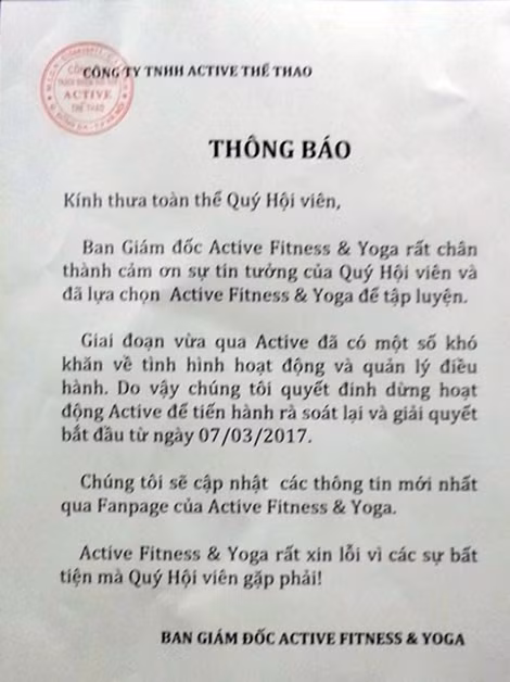 Nội dung thông báo đóng cửa của Active