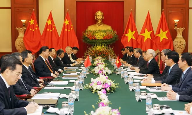 Chiều 5/11/2015, tại Trụ sở Trung ương Đảng, Tổng Bí thư Nguyễn Phú Trọng hội đàm với Tổng Bí thư , Chủ tịch nước Trung Quốc Tập Cận Bình. Ảnh: TTXVN