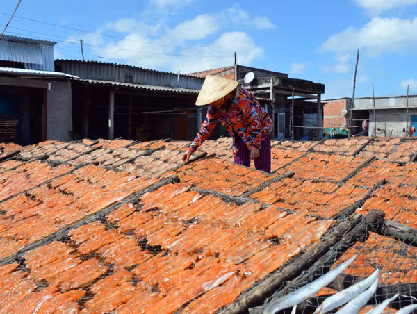 Làng nghề chế biến hải sản khô Cái Đôi Vàm, huyện Phú Tân (Cà Mau), tất bật vào vụ Tết.