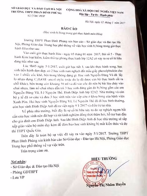 Báo cáo vụ việc của trường THPT Phan Đình Phùng gửi Sở GD&ĐT Hà Nội.