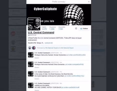 Hình ảnh tài khoản Twitter của CENTCOM sau khi bị tấn công. (Ảnh: Reuters).