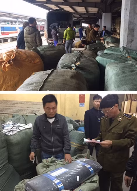 Lực lượng chức năng niêm phong lô hàng tại ga Hà Nội.