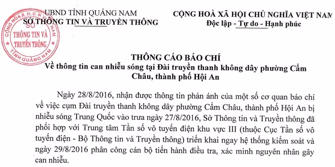 Thông cáo báo chí của Sở TT&TT Quảng Nam nhằm nói rõ về việc can nhiễu sóng tại Đài Truyền thanh không dây phường Cẩm Châu.