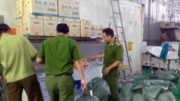 Những bịch nilon chứa tổng cộng gần 1 tấn kim chi muối "trôi nổi” được lực lượng liên ngành Công an quận Nam Từ Liêm và Đội QLTT số 7 Hà Nội khui ra từ chiếc thùng lạnh cõ lớn tại kho.