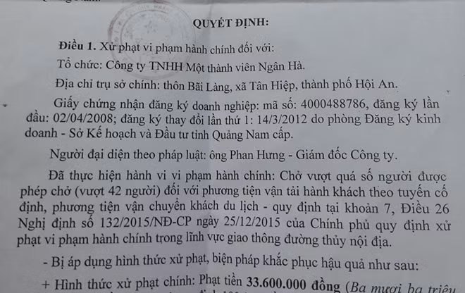 Quyết định xử phạt hành chính của UBND TP Hội An.